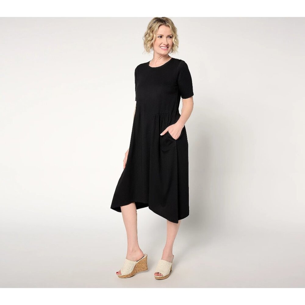 LOGO by Lori Goldstein Petite Cotton Modal Gusset Midi Dress Size Medium Black